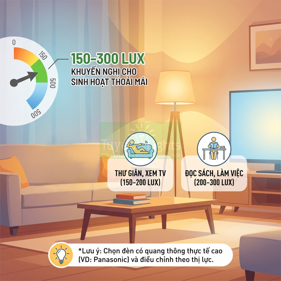 Phòng khách với sofa, đèn đứng và TV minh họa độ sáng 150–300 lux cho thư giãn, đọc sách, làm việc
