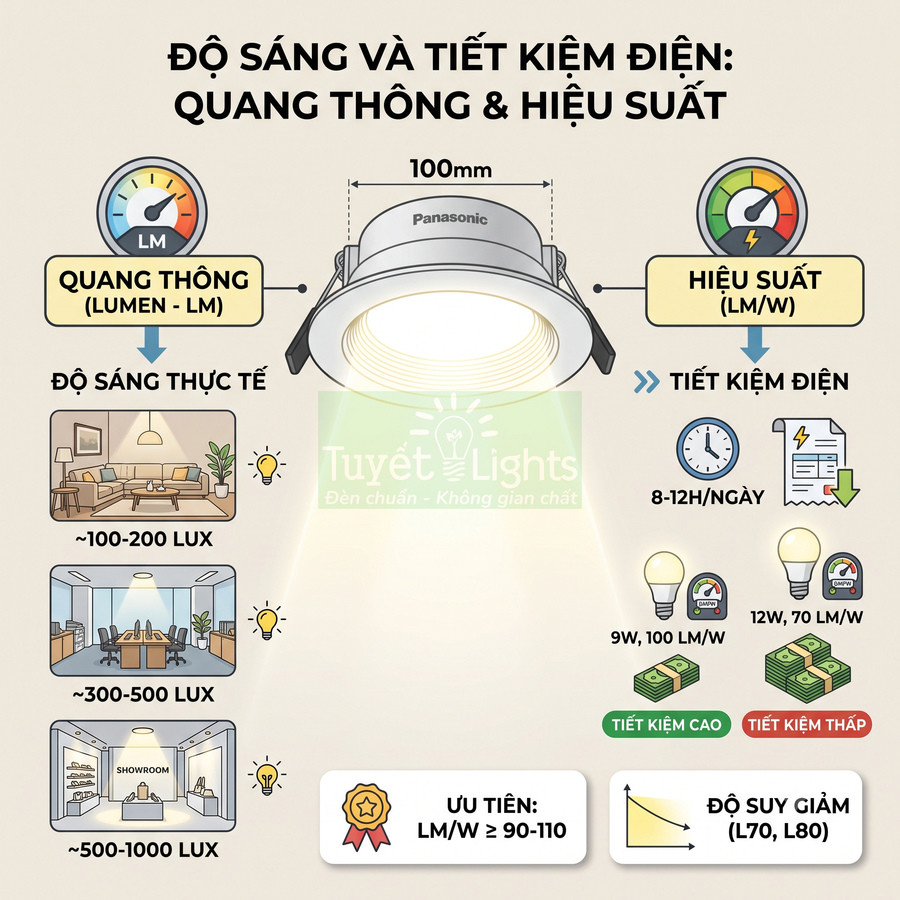 Đèn downlight âm trần Panasonic tiết kiệm điện, quang thông cao cho phòng khách, văn phòng, showroom