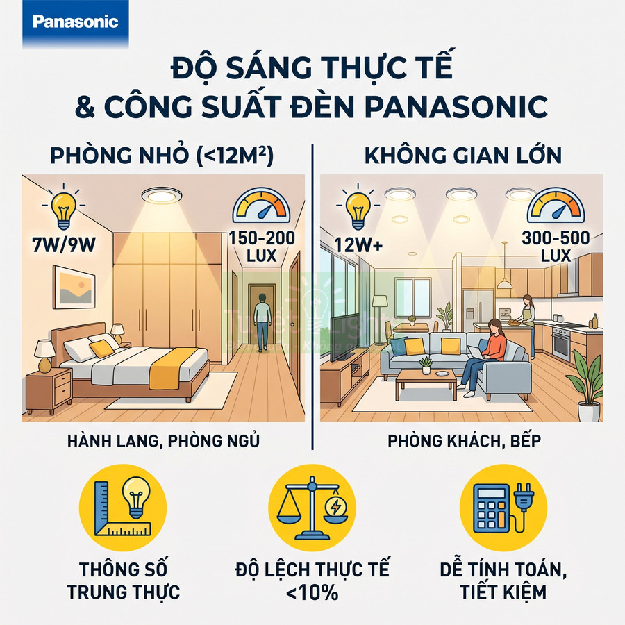 Infographic độ sáng và công suất đèn LED Panasonic cho phòng ngủ, hành lang, phòng khách và bếp