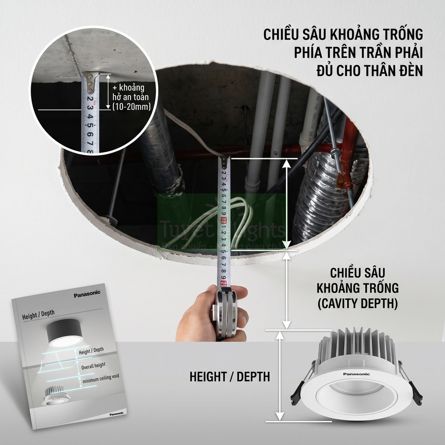 Đo chiều sâu trần thạch cao để lắp đèn âm trần Panasonic an toàn và đúng kỹ thuật
