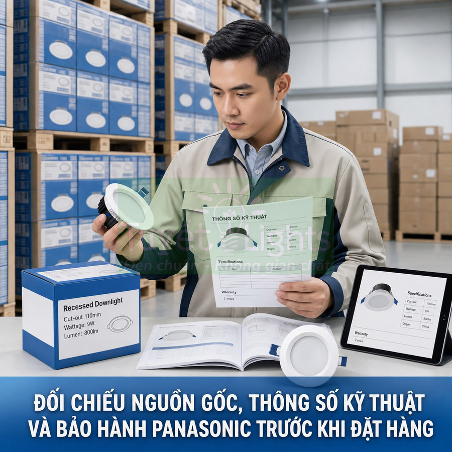 Nhân viên kiểm tra thông số kỹ thuật đèn downlight Panasonic trong kho hàng trước khi đặt mua