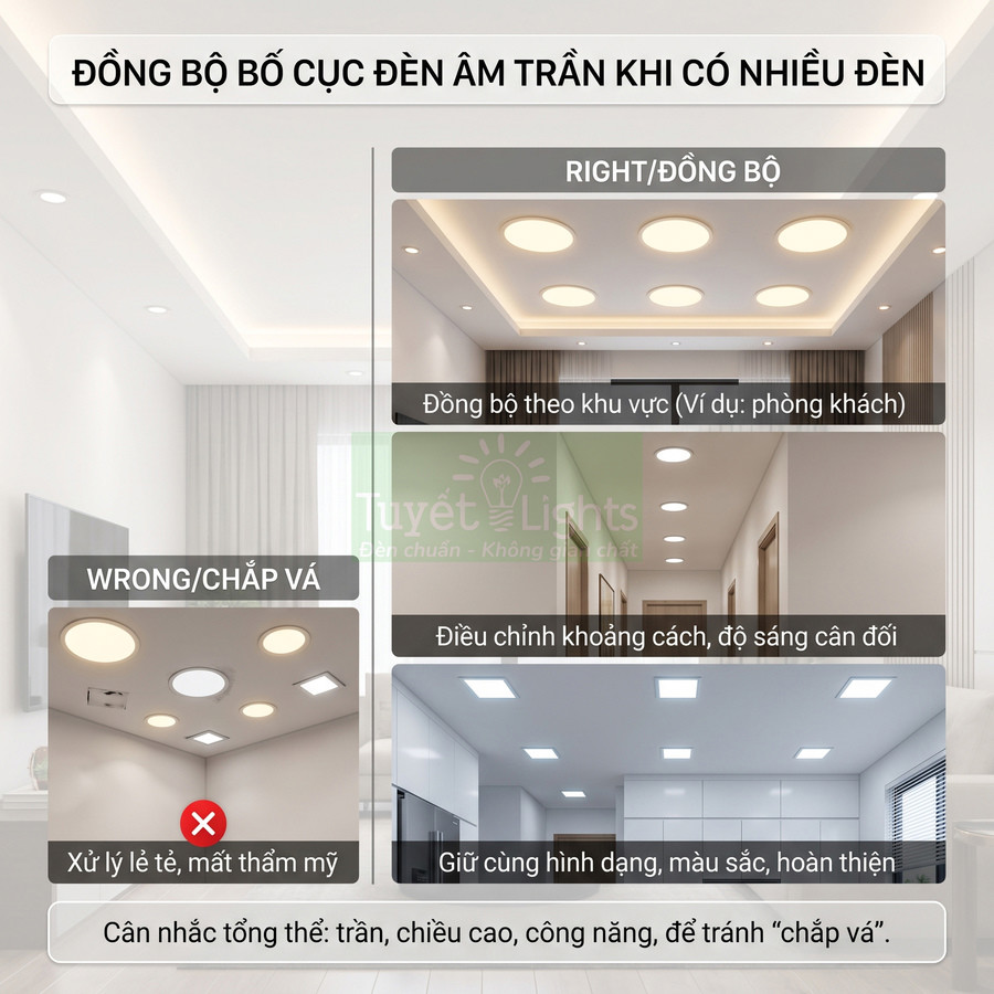 Hướng dẫn bố trí đèn âm trần Tuyết Lights đồng bộ về vị trí, khoảng cách và kiểu dáng trong phòng khách và bếp