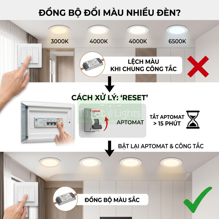 Hướng dẫn reset đồng bộ màu cho nhiều đèn LED âm trần đổi màu bằng aptomat và công tắc tường