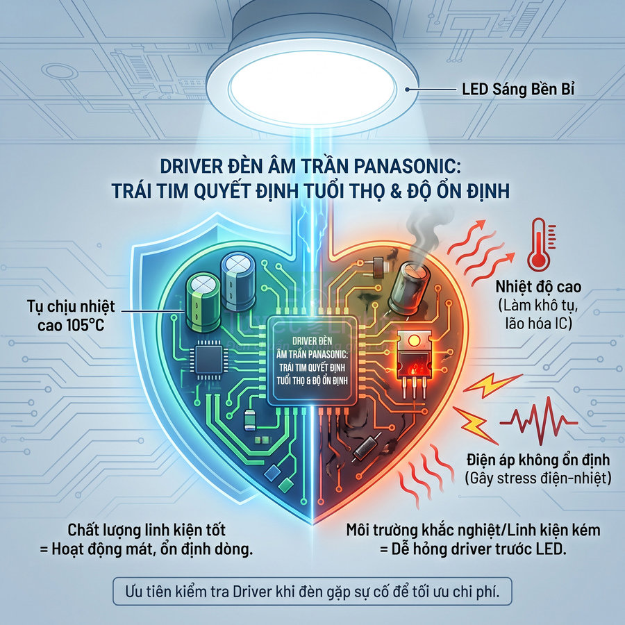 Driver đèn âm trần Panasonic với linh kiện chất lượng cao giúp LED sáng bền bỉ và hoạt động ổn định