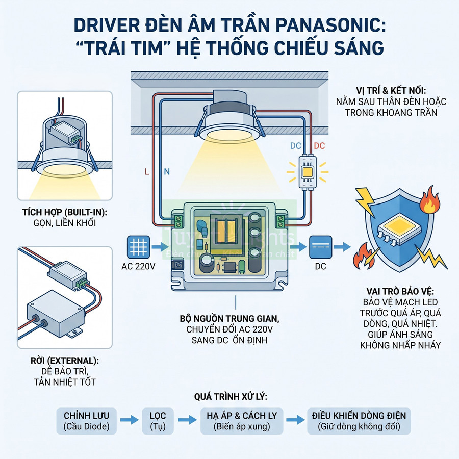 Sơ đồ driver đèn âm trần Panasonic chuyển đổi AC 220V sang DC ổn định và bảo vệ chip LED