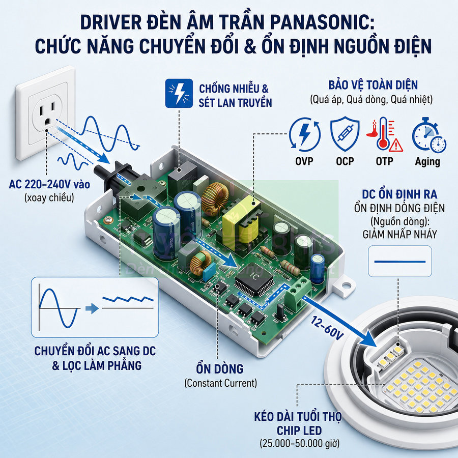 Driver đèn âm trần Panasonic chuyển đổi AC sang DC ổn định, bảo vệ nguồn và kéo dài tuổi thọ chip LED