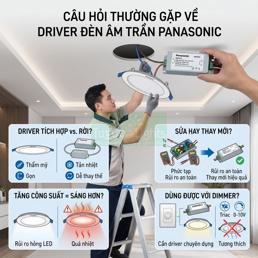 Kỹ thuật viên lắp đặt đèn âm trần Panasonic và driver đèn, minh họa các câu hỏi thường gặp về driver