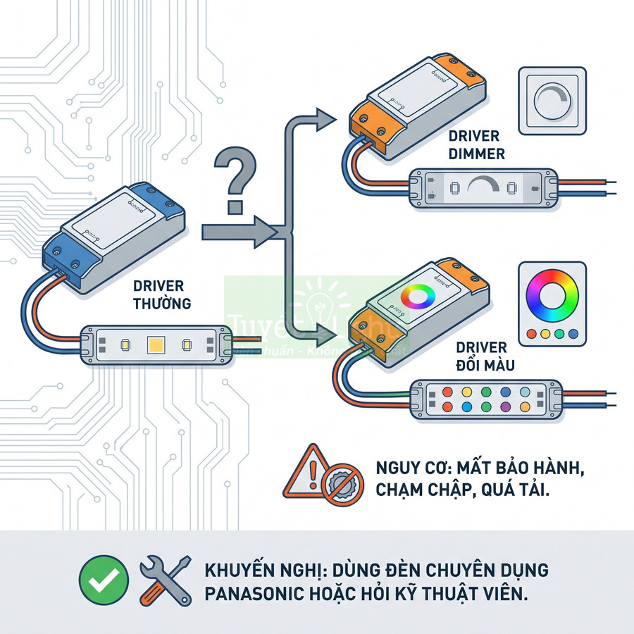 So sánh driver thường, driver dimmer và driver đổi màu cho đèn LED âm trần Panasonic