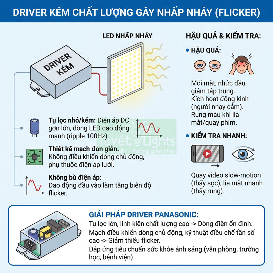 So sánh driver LED kém chất lượng gây nhấp nháy với driver Panasonic ổn định, bảo vệ mắt và sức khỏe