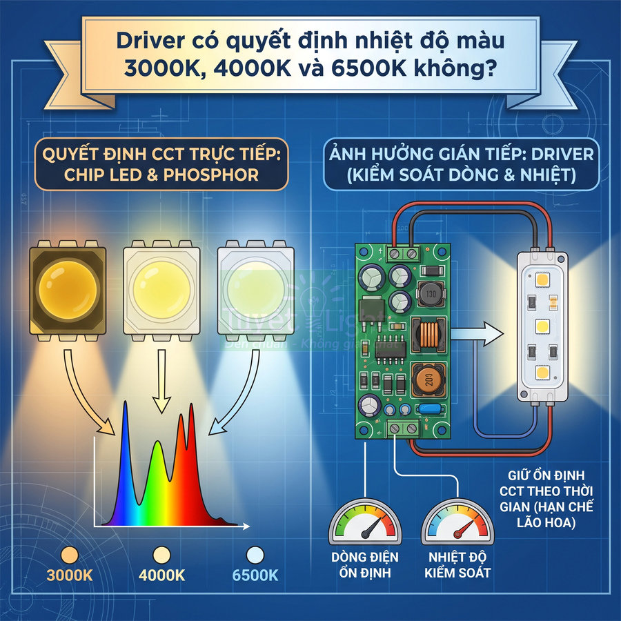Sơ đồ chip LED, driver và dải nhiệt độ màu 3000K 4000K 6500K cùng biểu đồ quang phổ và đồng hồ dòng điện