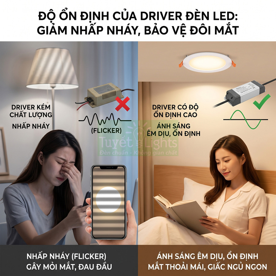 So sánh driver đèn LED kém chất lượng gây nhấp nháy với driver LED ổn định ánh sáng êm dịu bảo vệ mắt