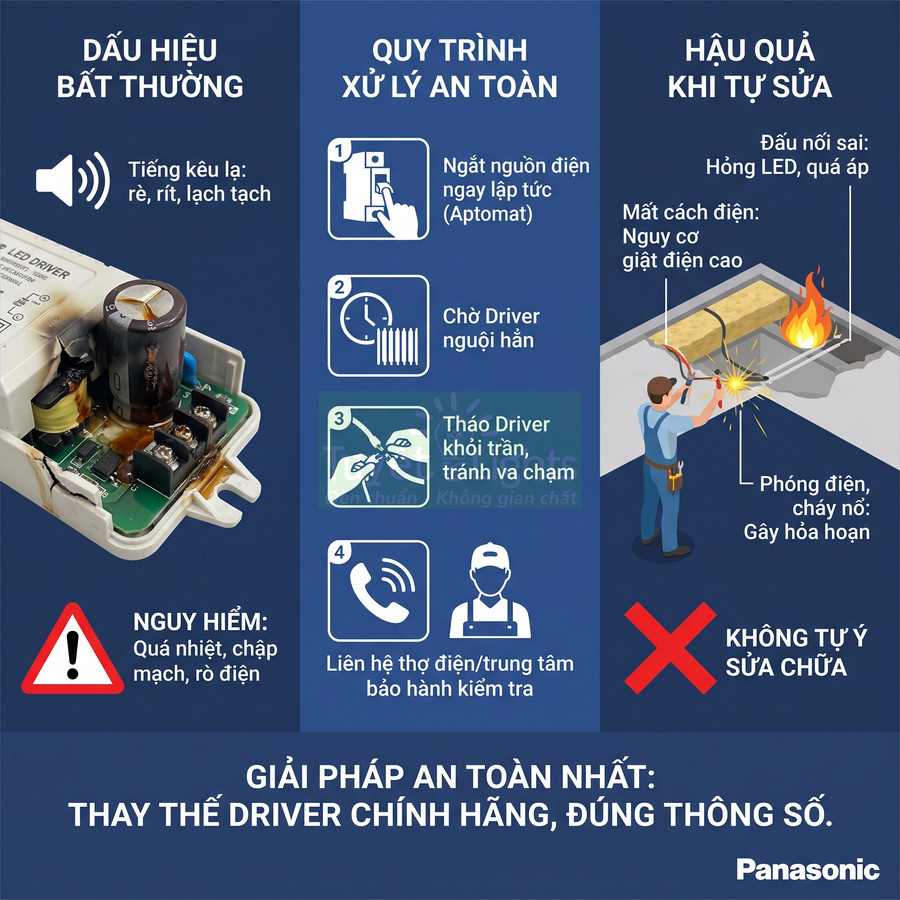 Hướng dẫn an toàn khi driver đèn LED Panasonic hỏng, khuyến nghị thay driver chính hãng đúng thông số