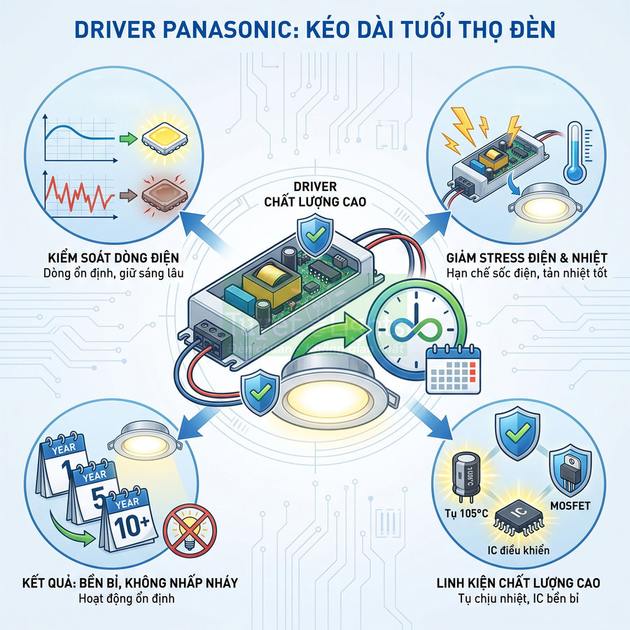 Driver đèn LED Panasonic chất lượng cao giúp kiểm soát dòng điện, tản nhiệt tốt và tăng độ bền, không nhấp nháy