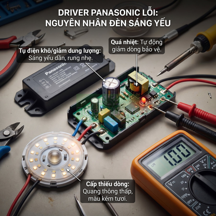 Driver đèn LED Panasonic bị lỗi trên bàn sửa chữa với mạch điện, bóng LED và đồng hồ đo điện tử