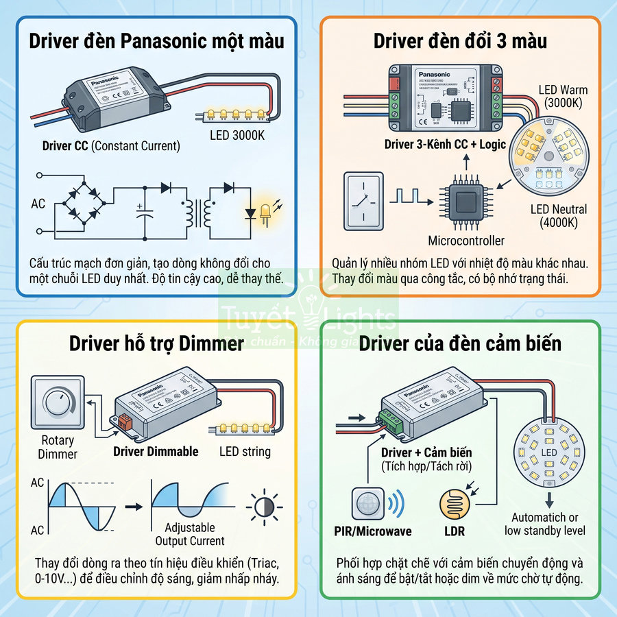 Các loại driver đèn LED Panasonic một màu, đổi 3 màu, dimmer và cảm biến kèm sơ đồ đấu nối