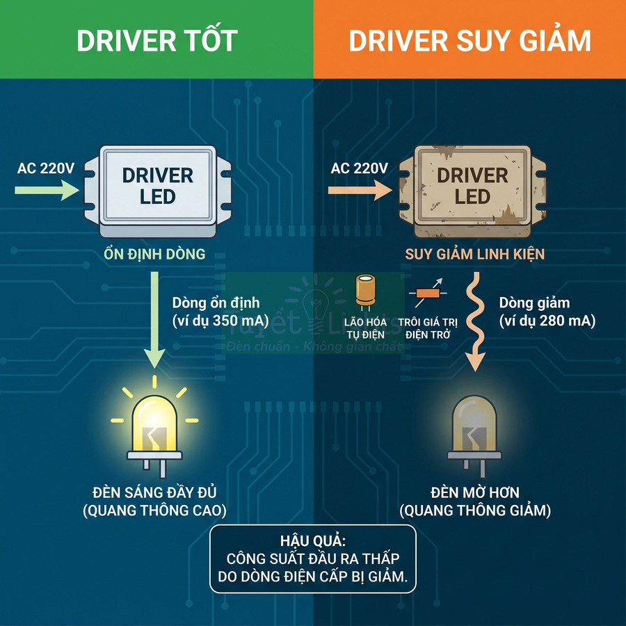 So sánh driver LED tốt và driver LED suy giảm ảnh hưởng độ sáng và công suất đèn LED