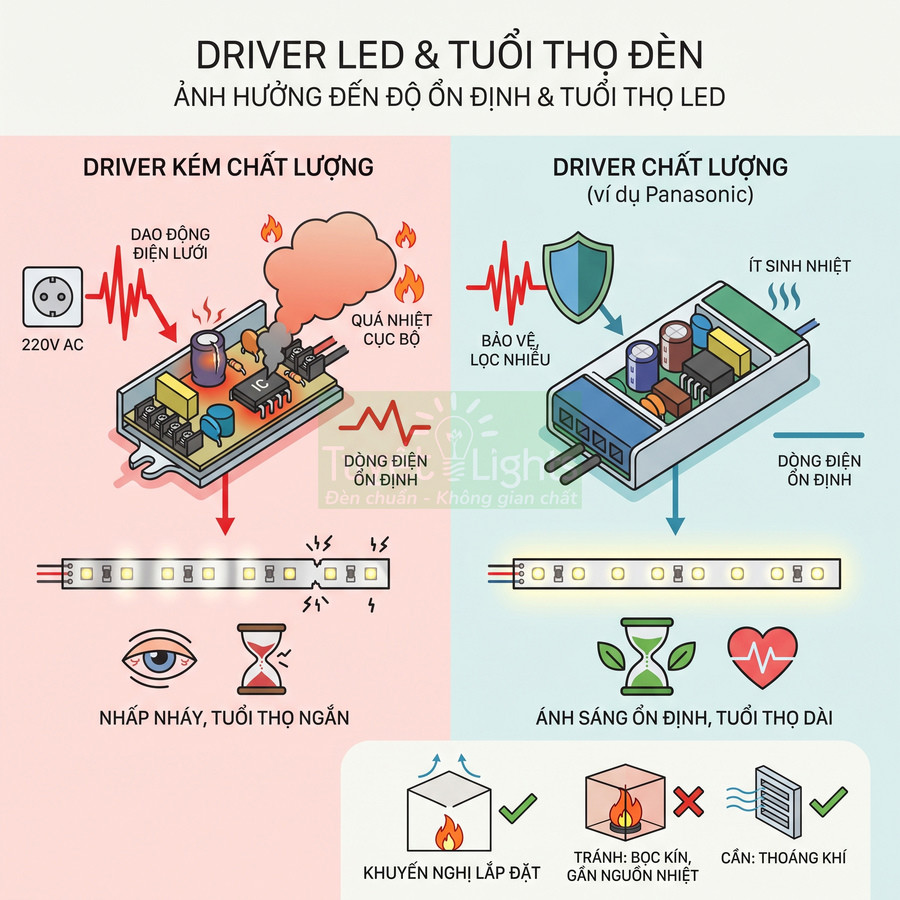 So sánh driver LED kém chất lượng và driver LED Panasonic chất lượng, ảnh hưởng độ ổn định và tuổi thọ đèn