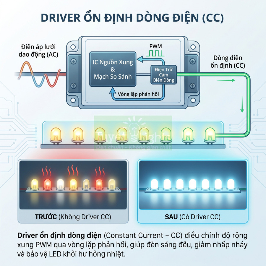 Sơ đồ driver ổn định dòng điện CC cho đèn LED, so sánh dải LED không dùng driver và có dùng driver CC