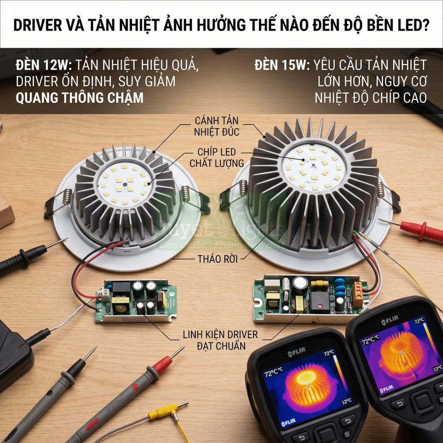 Cấu tạo đèn LED âm trần với bộ tản nhiệt nhôm, chip LED và driver rời, đo nhiệt độ hoạt động bằng máy nhiệt kế hồng ngoại