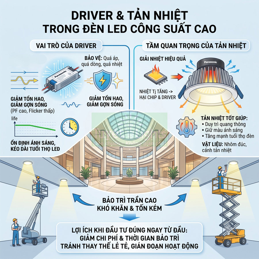 Infographic Panasonic giải thích vai trò driver và tản nhiệt trong đèn LED công suất cao, lợi ích giảm hao tổn và bảo trì