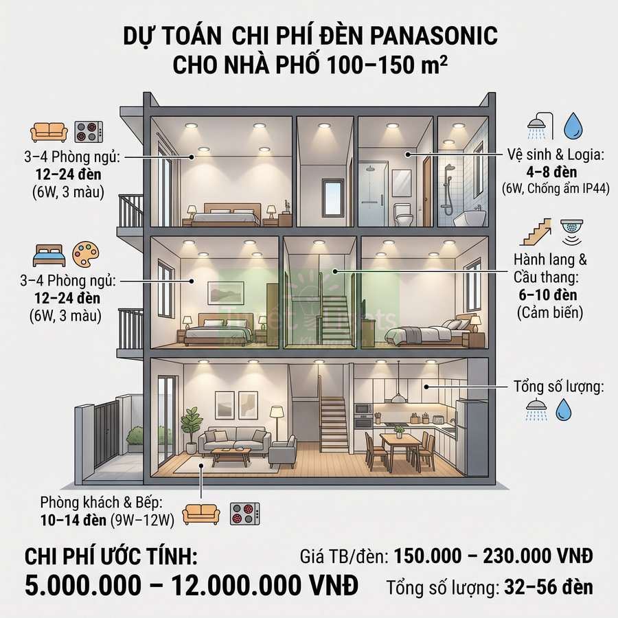 Sơ đồ bố trí và dự toán chi phí đèn Panasonic cho nhà phố 3 tầng diện tích 100 150m2