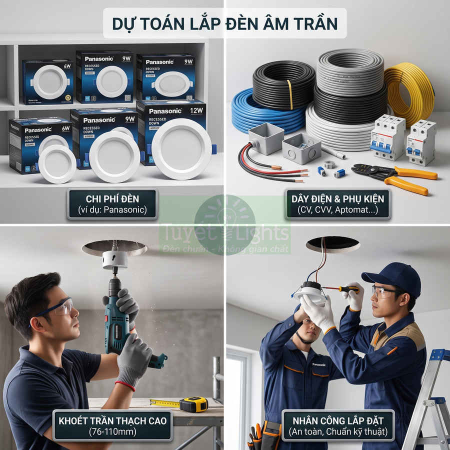 Lắp đặt đèn âm trần Panasonic với bộ đèn, dây điện phụ kiện và thợ khoét trần thi công an toàn