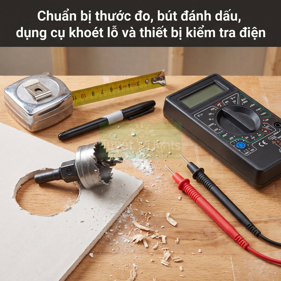 Bộ dụng cụ khoan lỗ và đồng hồ đo điện đa năng đặt trên bàn gỗ phục vụ lắp đặt điện