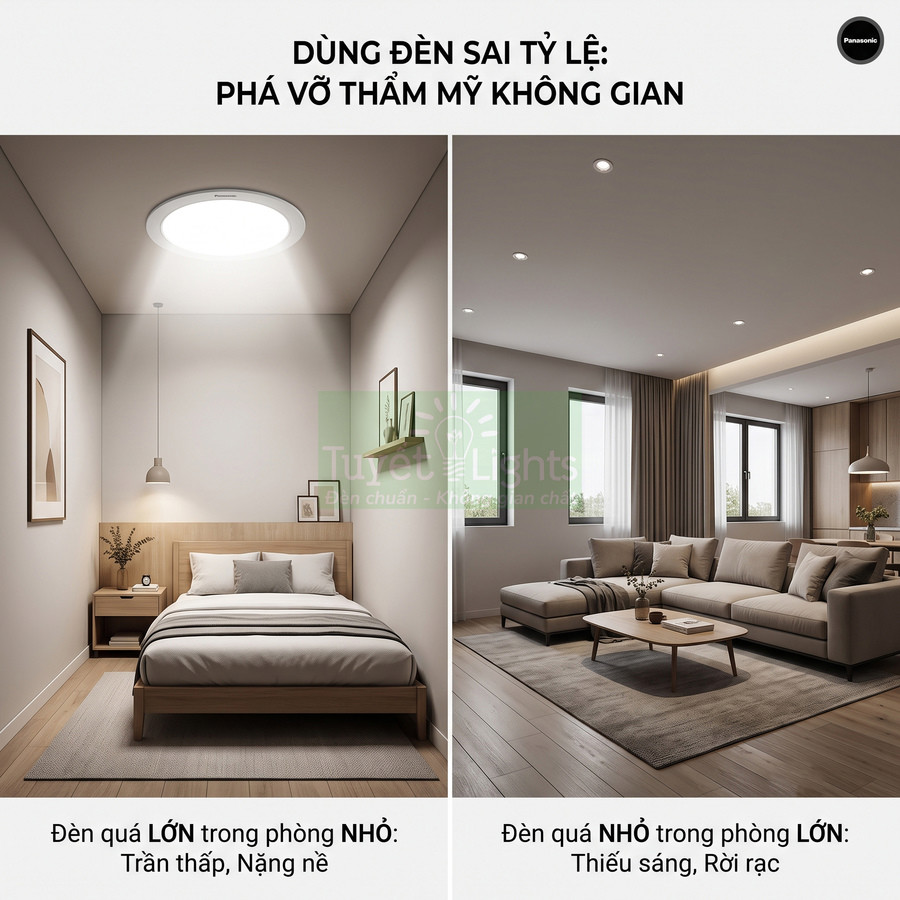 So sánh đèn trần Panasonic quá lớn trong phòng ngủ nhỏ và đèn âm trần nhỏ trong phòng khách lớn