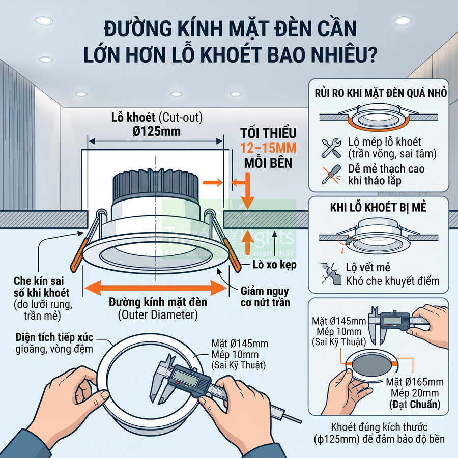 Hướng dẫn chọn đường kính mặt đèn âm trần lớn hơn lỗ khoét trần để lắp đặt đúng kỹ thuật