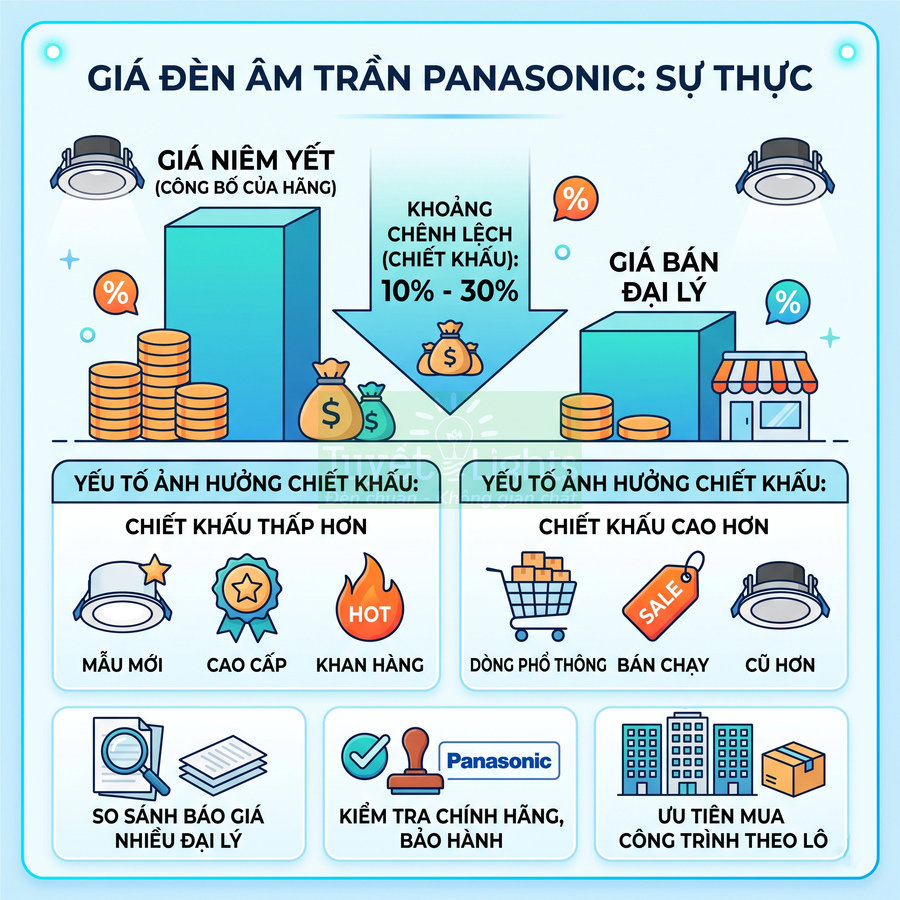 Infographic giá đèn âm trần Panasonic, so sánh giá niêm yết và giá đại lý, các yếu tố ảnh hưởng chiết khấu
