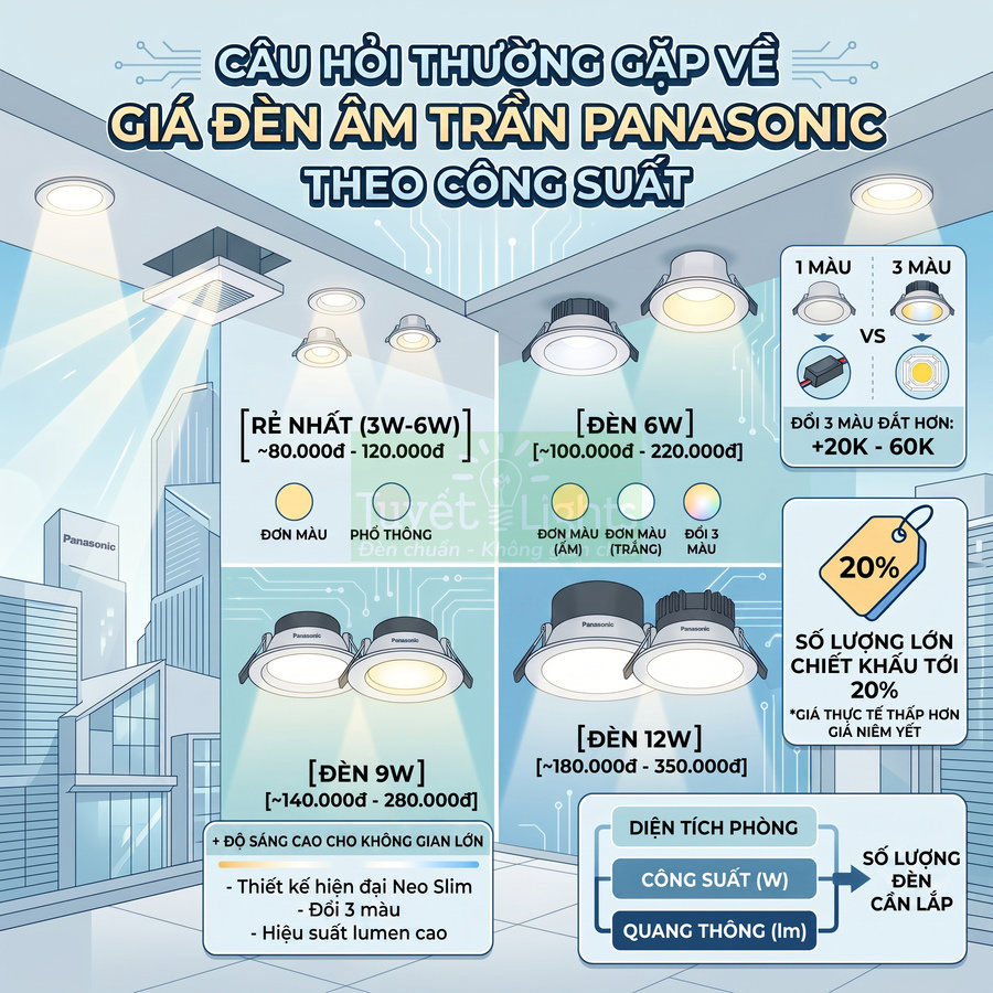 Bảng giá và thông tin công suất các mẫu đèn âm trần Panasonic tròn và vuông cho nhiều không gian