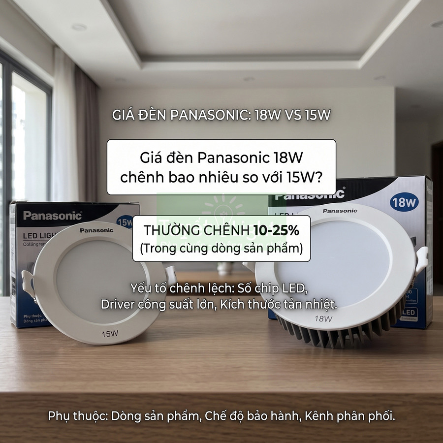 Đèn LED âm trần Panasonic 15W và 18W đặt trên bàn, phía sau là hộp sản phẩm cùng thương hiệu