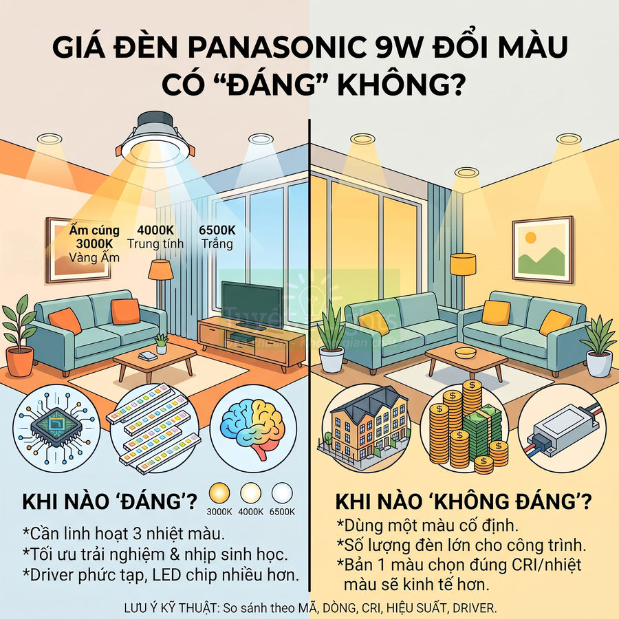 Đèn LED Panasonic 9W đổi màu chiếu sáng phòng khách với ba nhiệt độ màu 3000K 4000K 6500K
