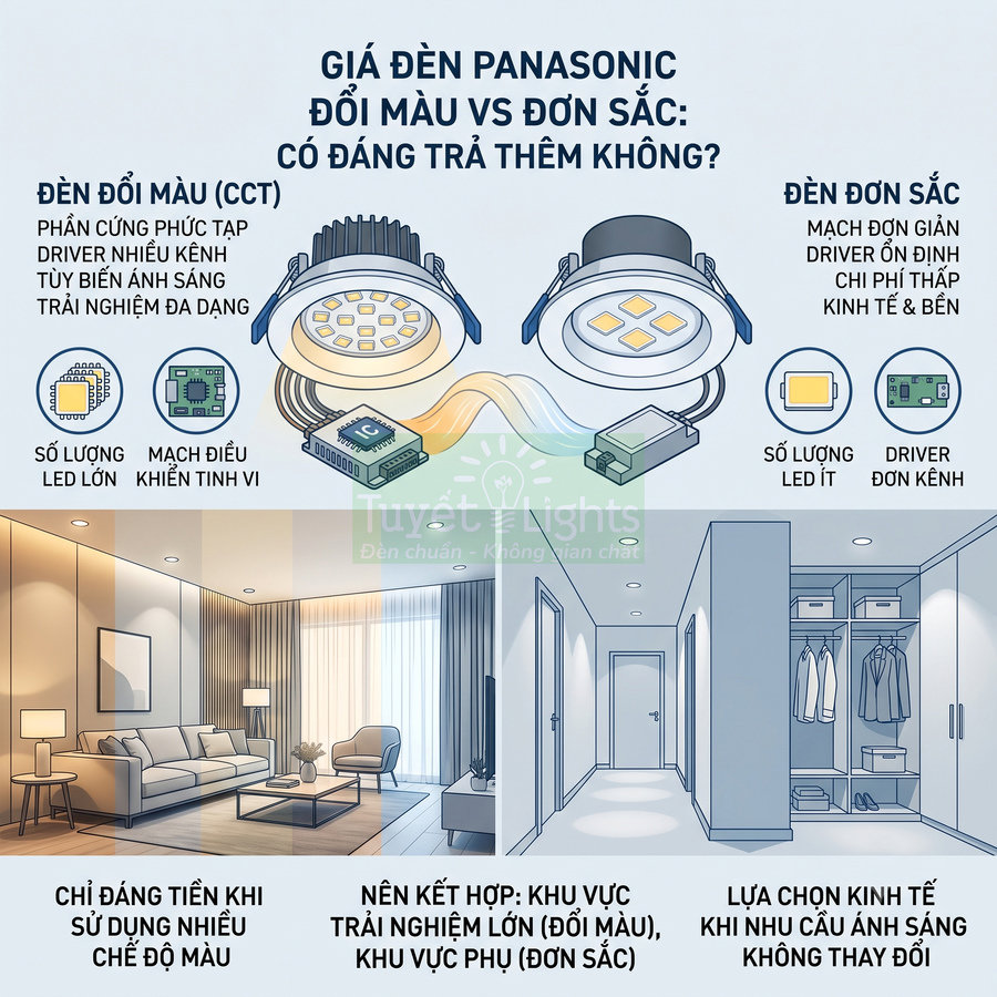 So sánh đèn LED âm trần Panasonic đổi màu CCT và đèn đơn sắc cho phòng khách và hành lang