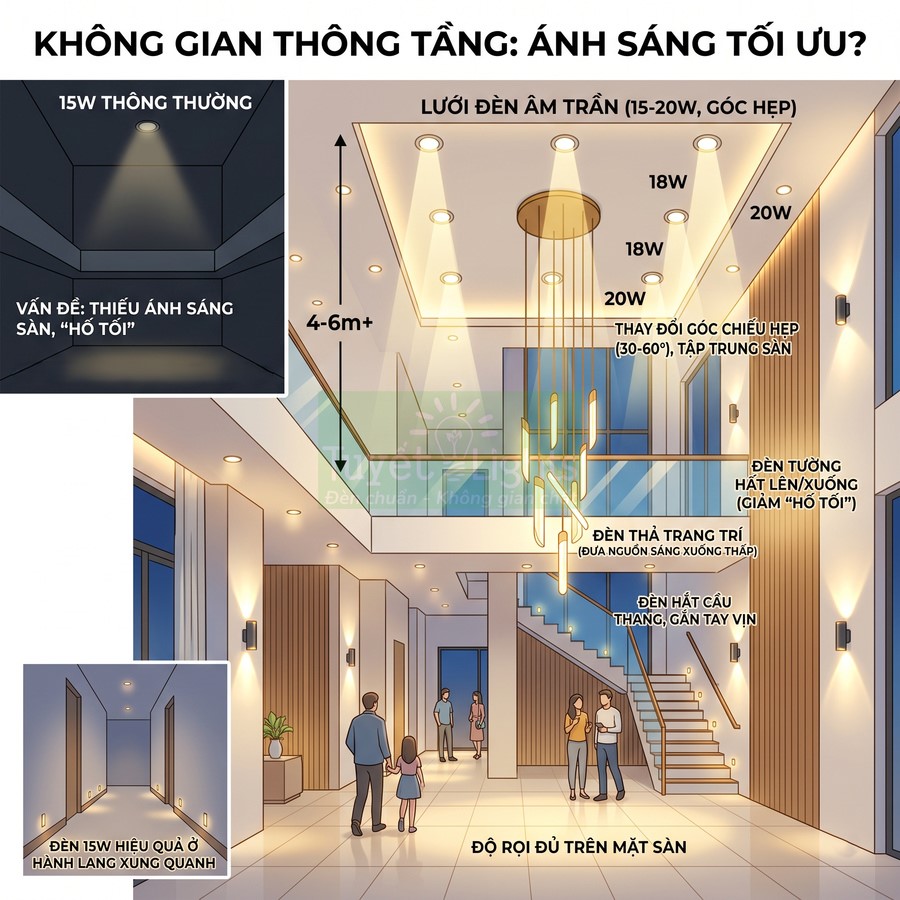 Minh họa bố trí đèn âm trần và đèn tường tối ưu ánh sáng cho không gian thông tầng hiện đại