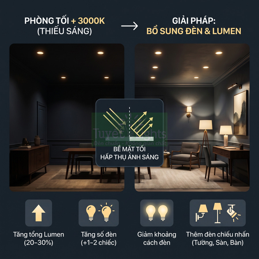 So sánh phòng tối và phòng sáng với giải pháp tăng số lượng đèn, lumen và thêm đèn chiếu nhấn trong nội thất