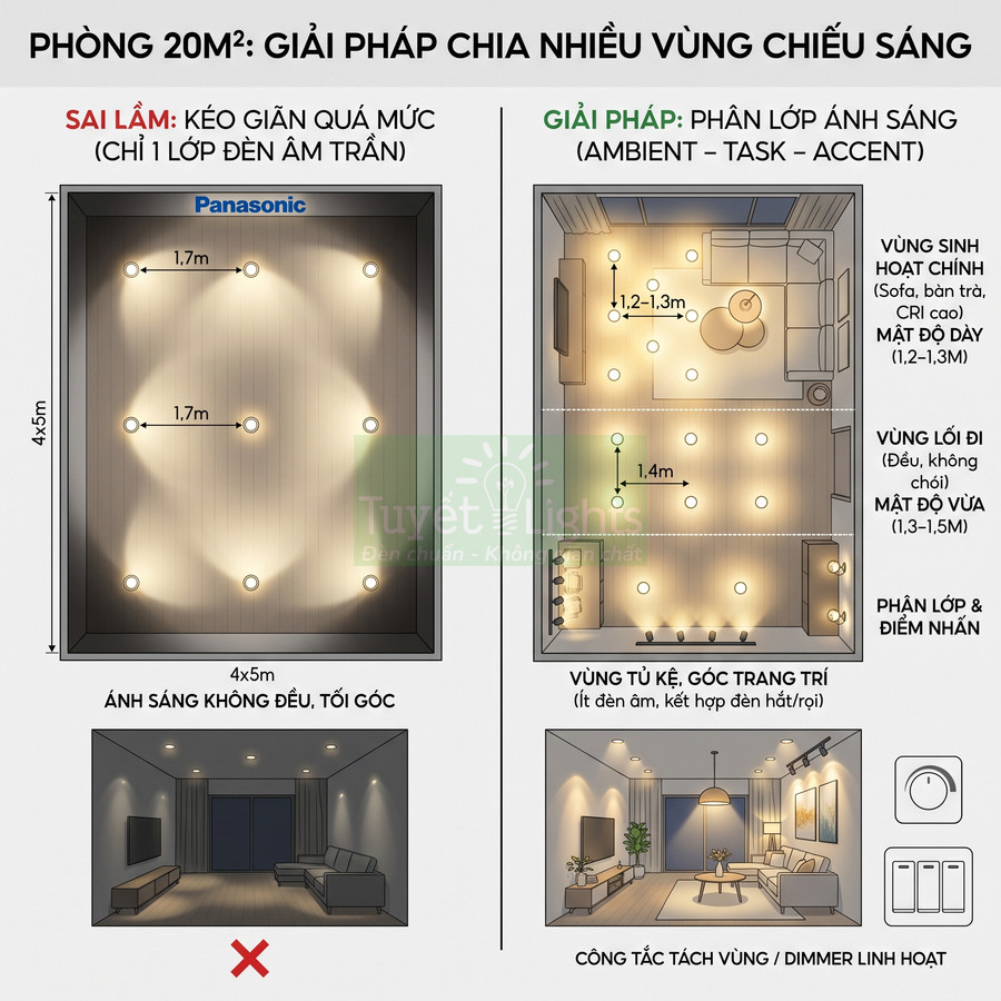 Sơ đồ bố trí đèn âm trần Panasonic cho phòng khách 20m2 với nhiều vùng chiếu sáng tối ưu