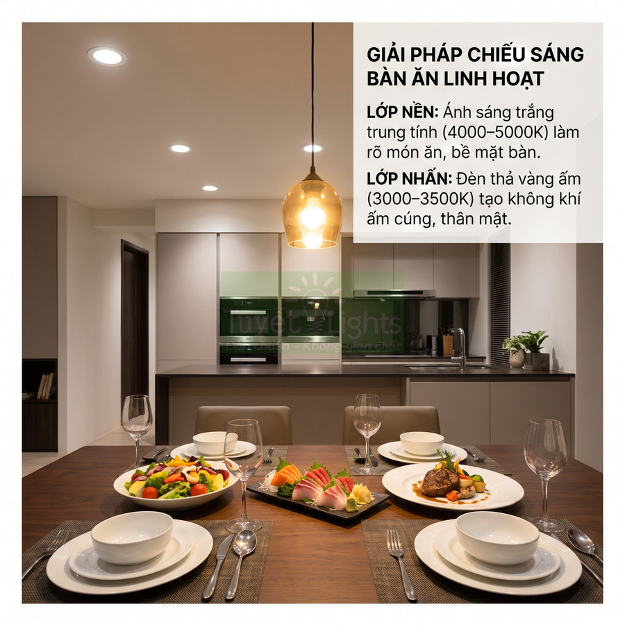 Đèn thả bàn ăn ánh sáng vàng ấm kết hợp đèn âm trần trắng trung tính chiếu sáng không gian bếp hiện đại