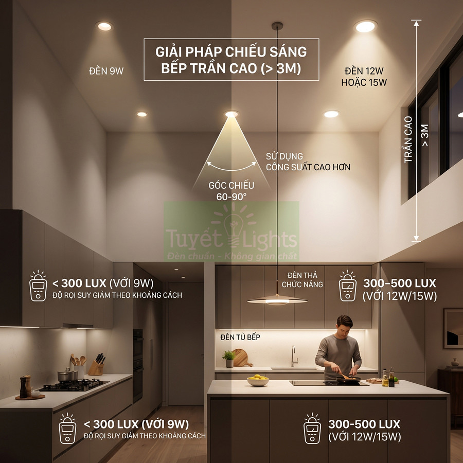 Giải pháp chiếu sáng bếp trần cao Tuyết Lights với đèn âm trần và đèn thả cho khu vực nấu ăn