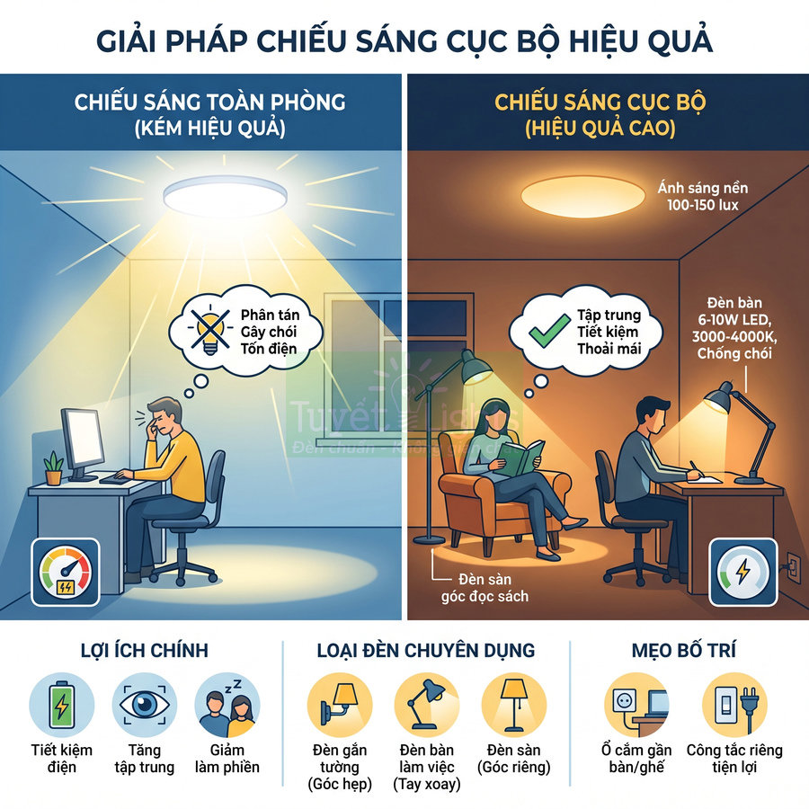Giải pháp chiếu sáng cục bộ với đèn bàn LED tiết kiệm điện cho làm việc và đọc sách trong phòng làm việc