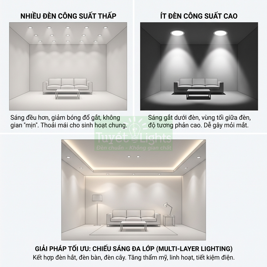 So sánh bố trí đèn trần và giải pháp chiếu sáng đa lớp cho phòng khách với sofa trắng