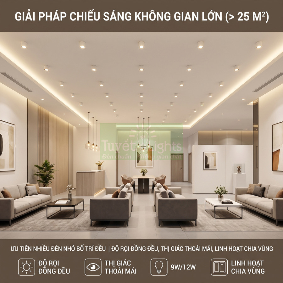 Giải pháp chiếu sáng trần với nhiều đèn downlight LED cho phòng khách không gian lớn hiện đại