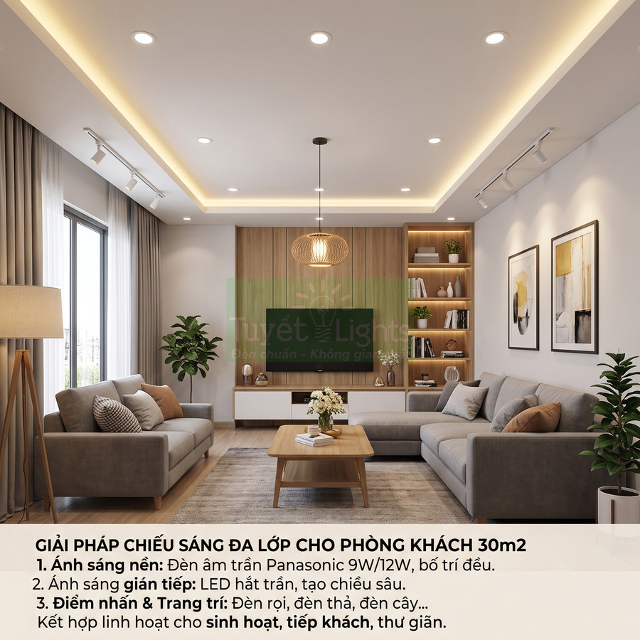 Phòng khách hiện đại 30m2 sử dụng đèn âm trần Panasonic, đèn LED hắt trần và đèn trang trí Tuyết Lights