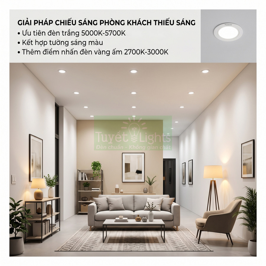 Giải pháp chiếu sáng phòng khách thiếu sáng với đèn âm trần Panasonic và đèn vàng trang trí ấm áp