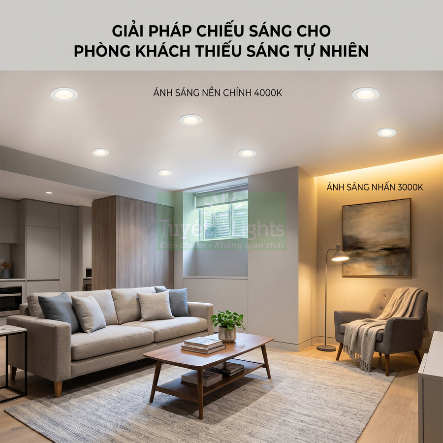 Đèn downlight âm trần chiếu sáng phòng khách hiện đại thiếu sáng tự nhiên với ánh sáng 4000K và 3000K