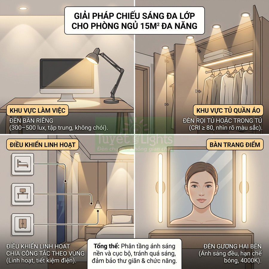 Giải pháp chiếu sáng đa lớp Tuyet Lights cho phòng ngủ 15m2 với đèn bàn, đèn tủ quần áo và đèn gương trang điểm