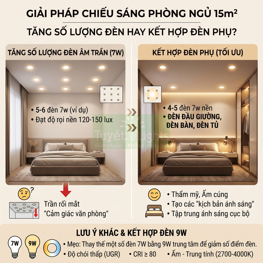Giải pháp chiếu sáng phòng ngủ 15m2 với đèn âm trần 7W và đèn phụ đầu giường, đèn bàn, đèn tủ
