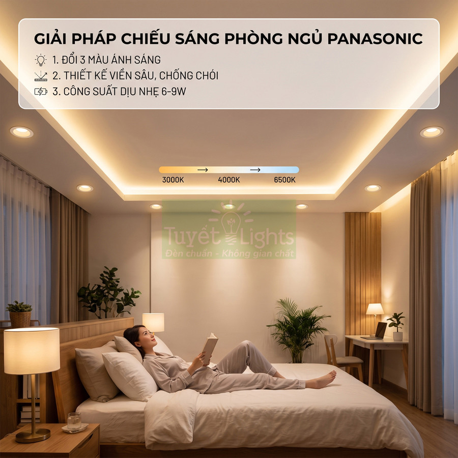 Đèn LED âm trần Panasonic cho phòng ngủ, đổi 3 màu ánh sáng, ánh sáng dịu cho không gian thư giãn