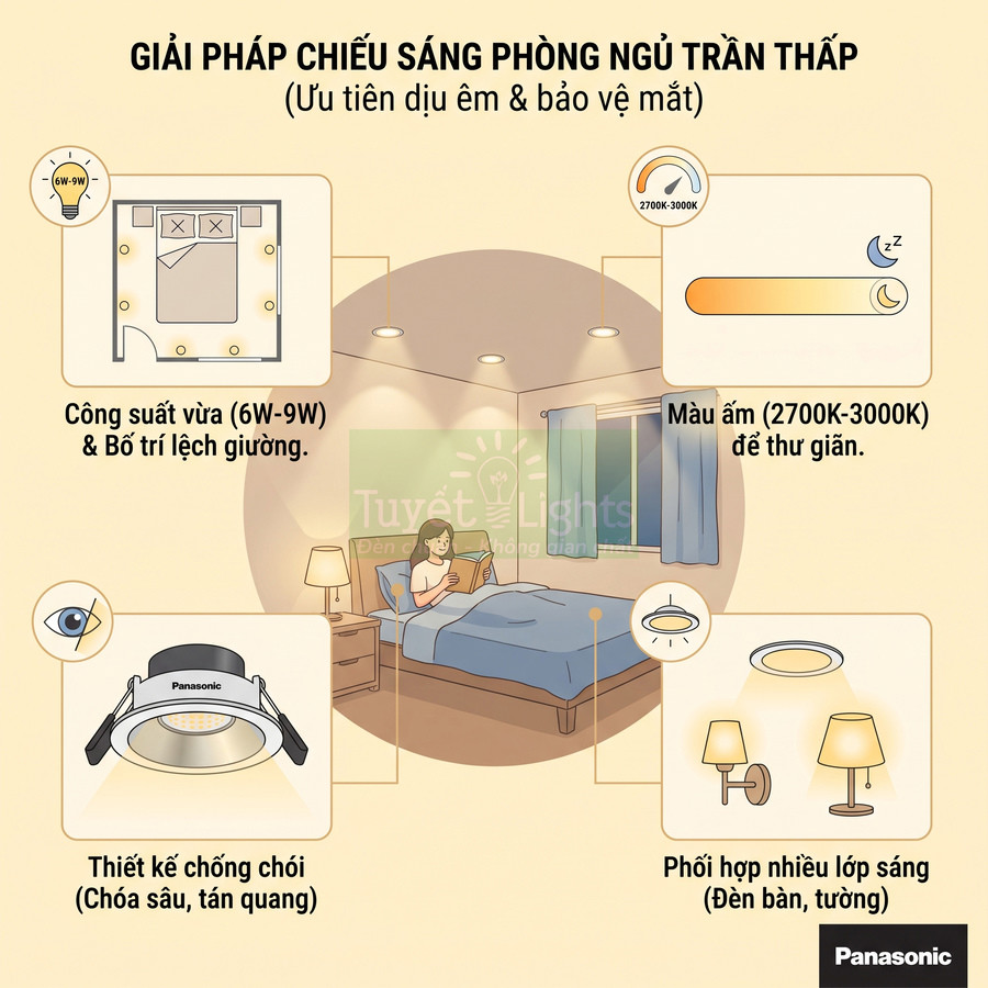 Giải pháp chiếu sáng phòng ngủ trần thấp với đèn âm trần Panasonic chống chói, ánh sáng ấm thư giãn