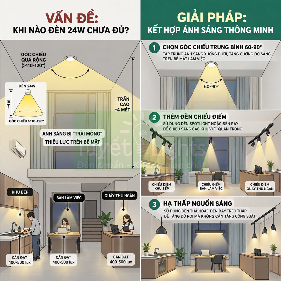 Infographic hướng dẫn chọn góc chiếu và bố trí đèn LED 24W, đèn spotlight cho bếp, bàn làm việc, quầy thu ngân